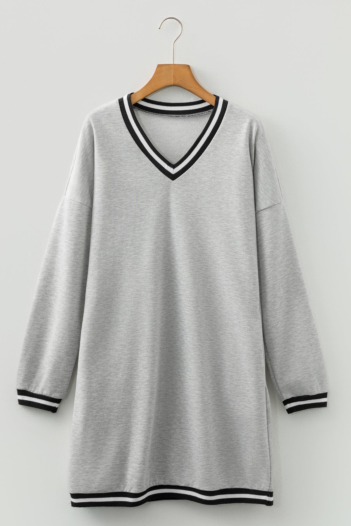 Light Gray Striped V-Neck T-Shirt Mini Dress