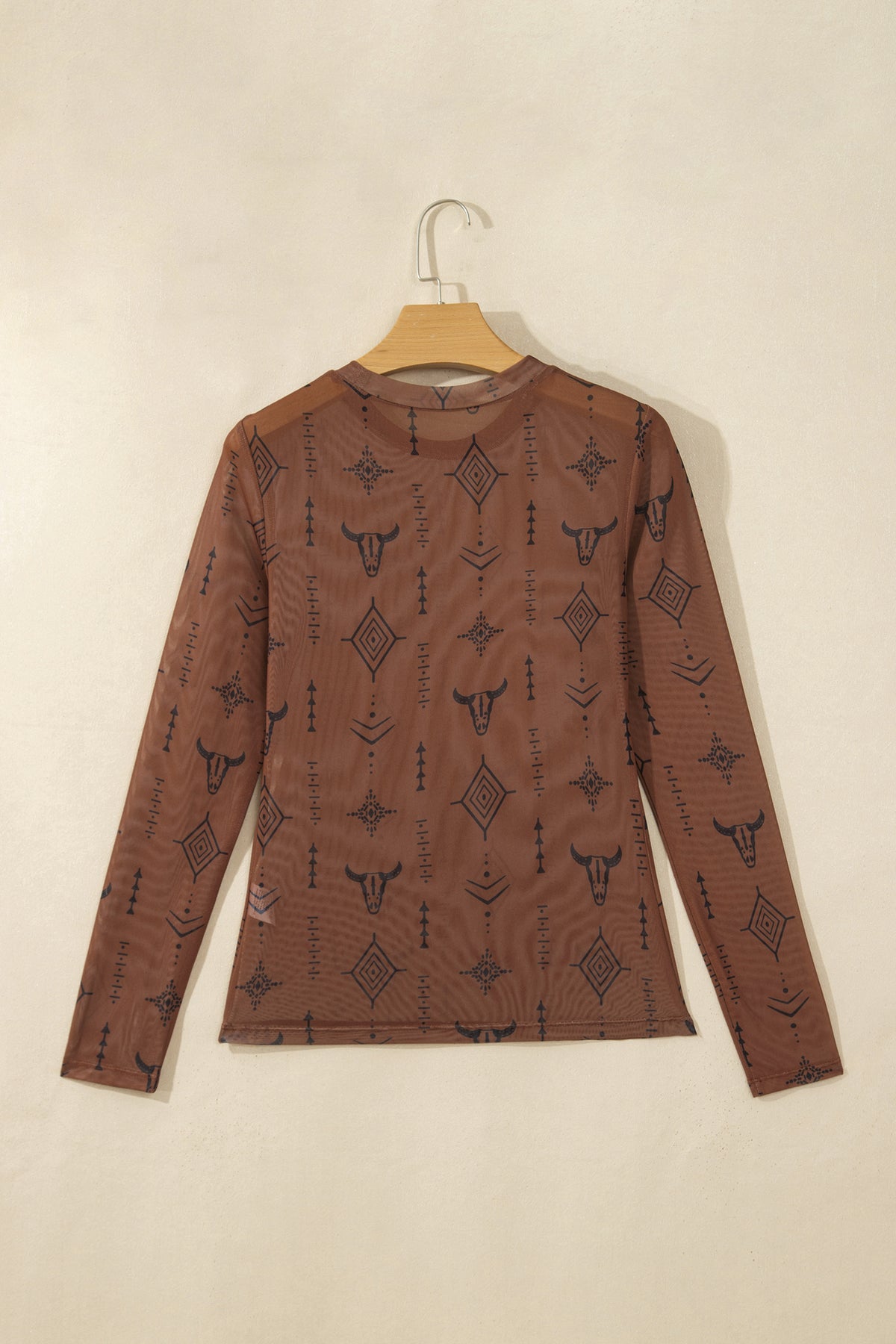 Chestnut Western-Print Long-Sleeve Mesh Top