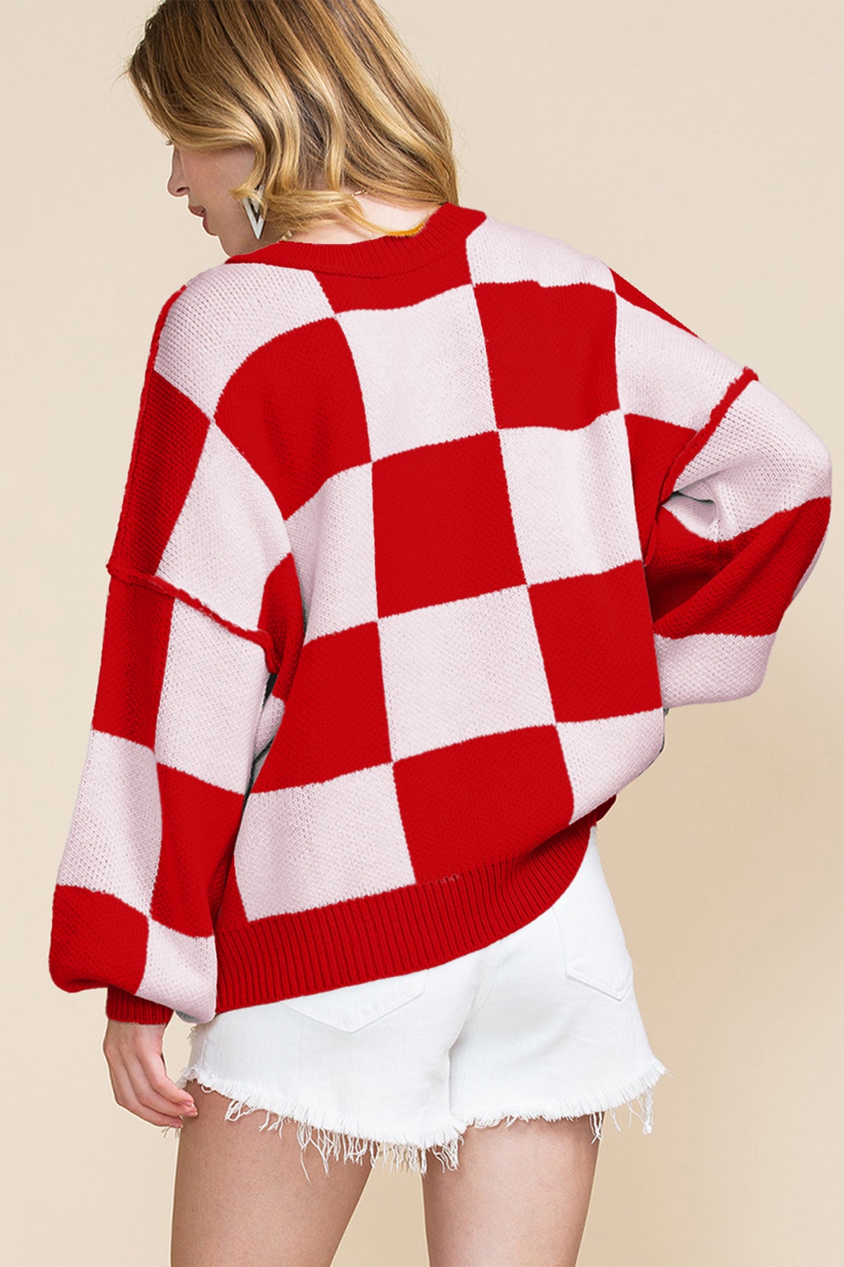 Orange Checkered Bishop-Sleeve Sweater