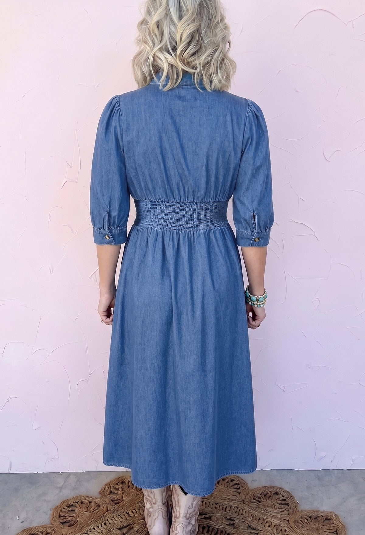 Blue V-Neck Zip-Front Denim Midi Dress