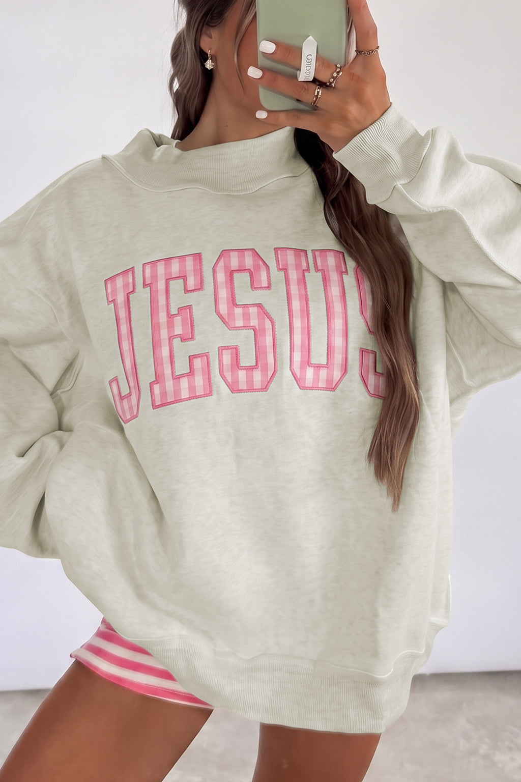 Gray Polka Dot Slogan Mock-Neck Sweatshirt from ARVELA