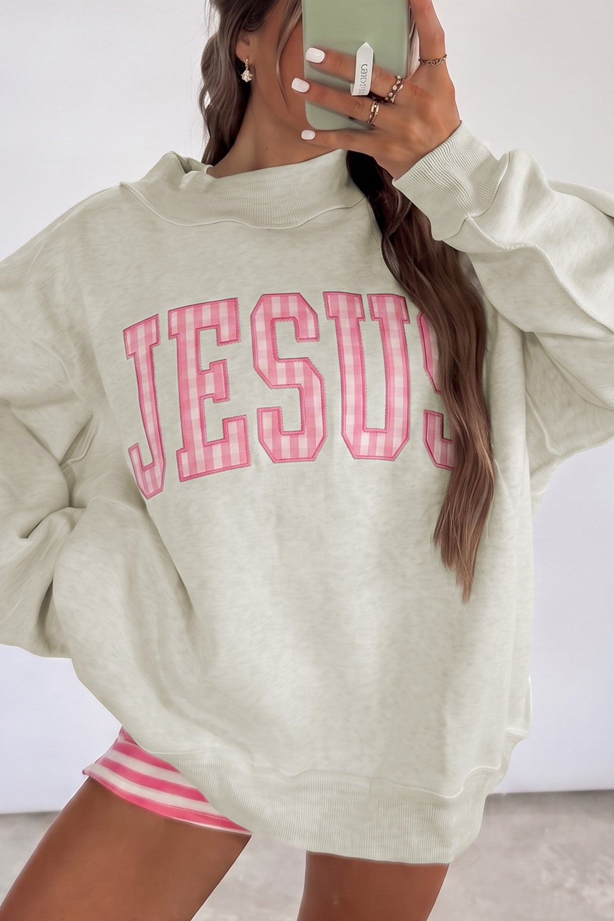 Gray Polka Dot Slogan Mock-Neck Sweatshirt from ARVELA