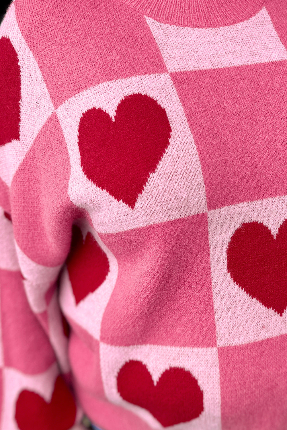 Pink Heart Checkered Crewneck Sweater