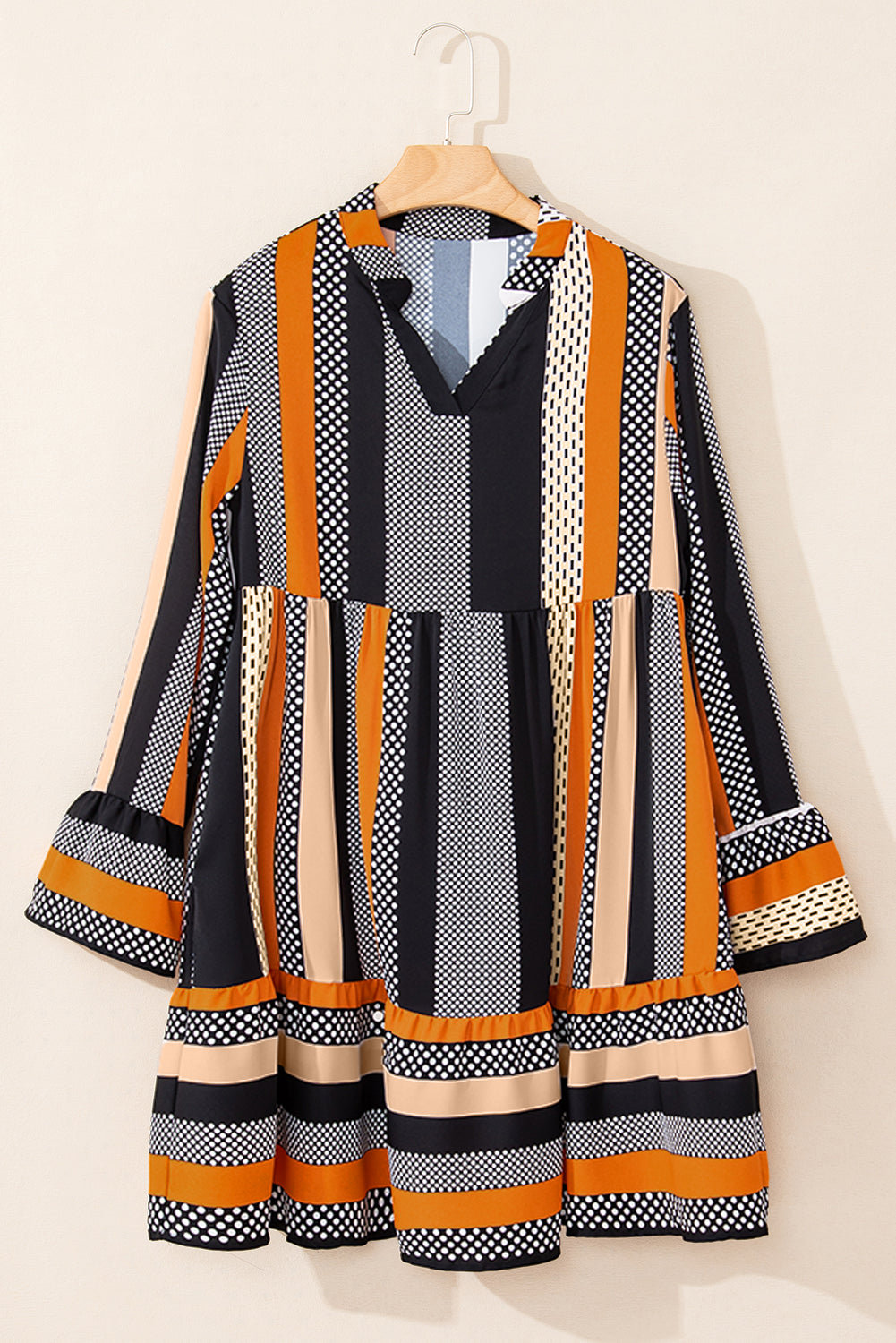 Black Striped Polka Dot V-Neck Mini Dress