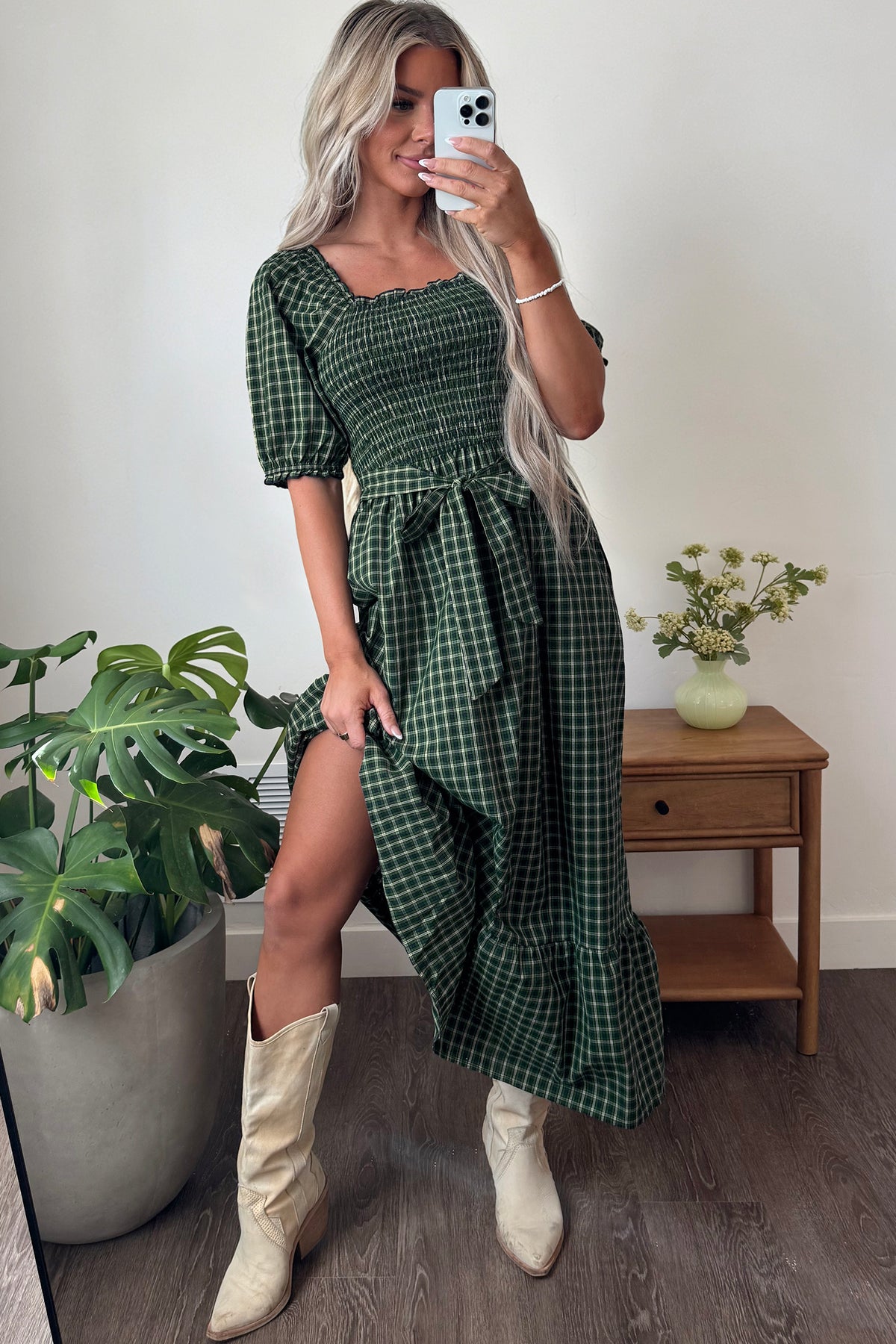 Green Plaid Square-Neck Ruffle Maxi Dress