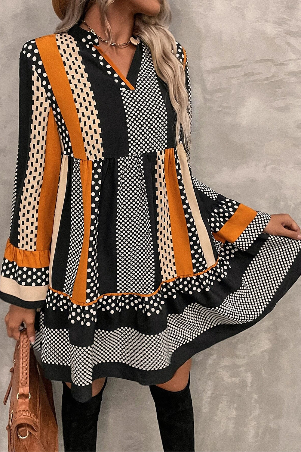 Black Striped Polka Dot V-Neck Mini Dress
