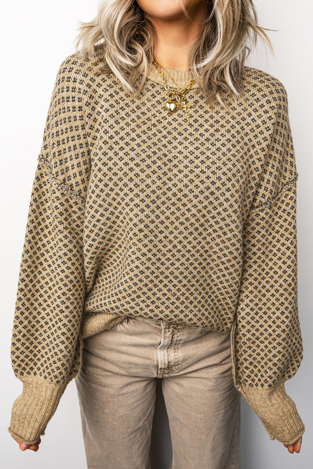 Khaki Geometric-Print Drop-Shoulder Sweater from ARVELA