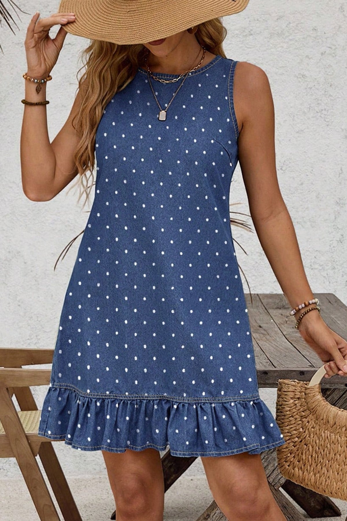 Blue Polka Dot Sleeveless Denim Mini Dress