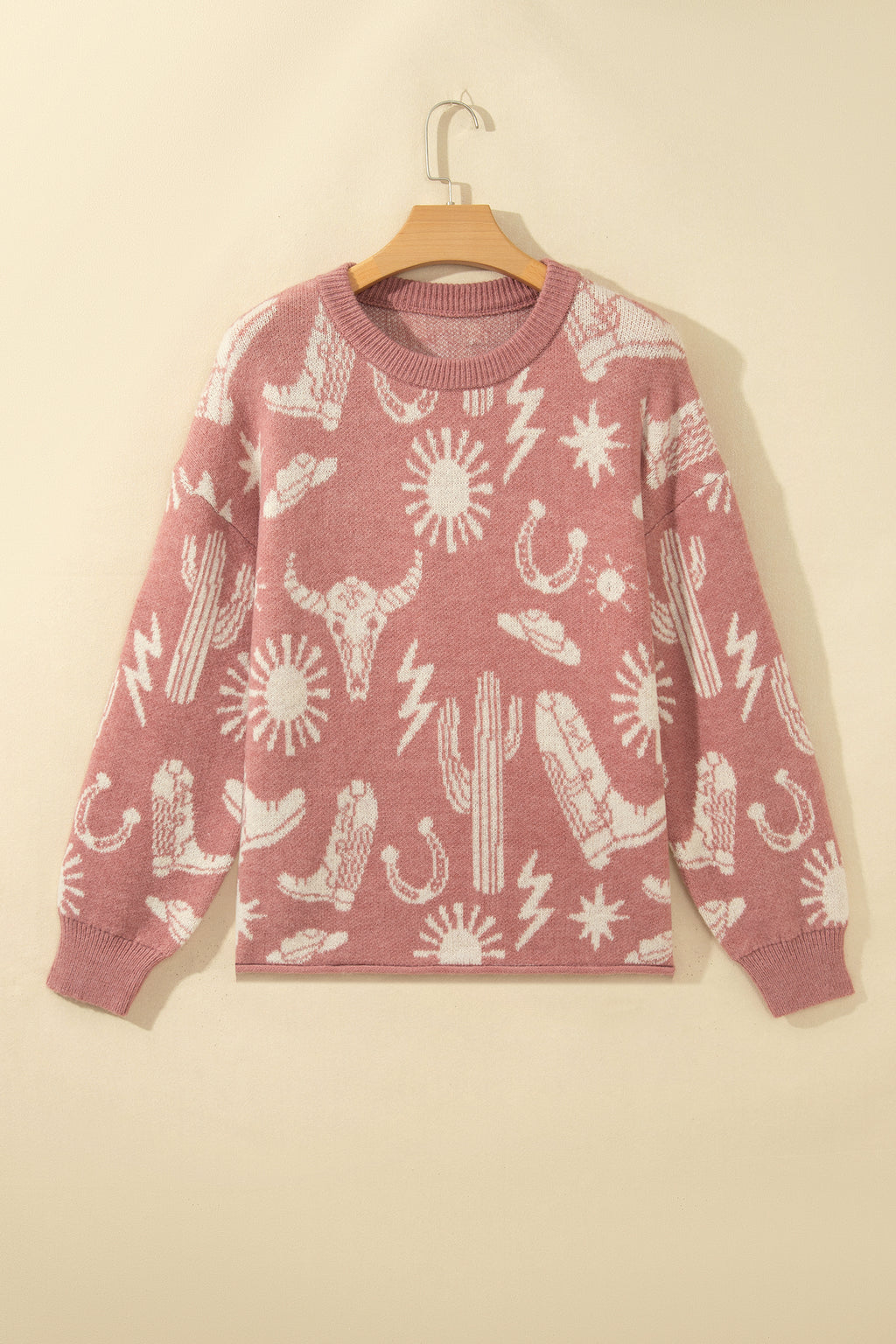 Peach Pink Western-Print Crewneck Sweater