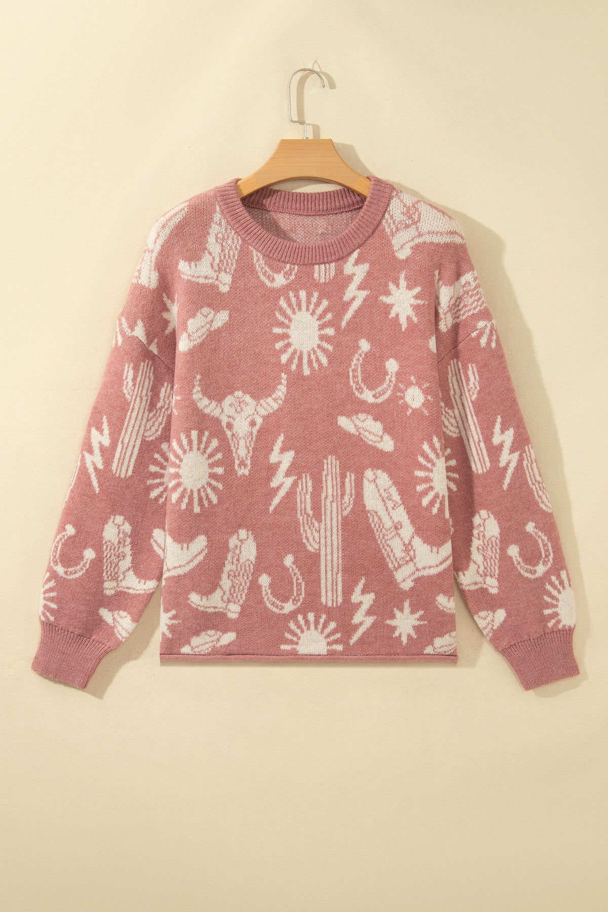 Peach Pink Western-Print Crewneck Sweater