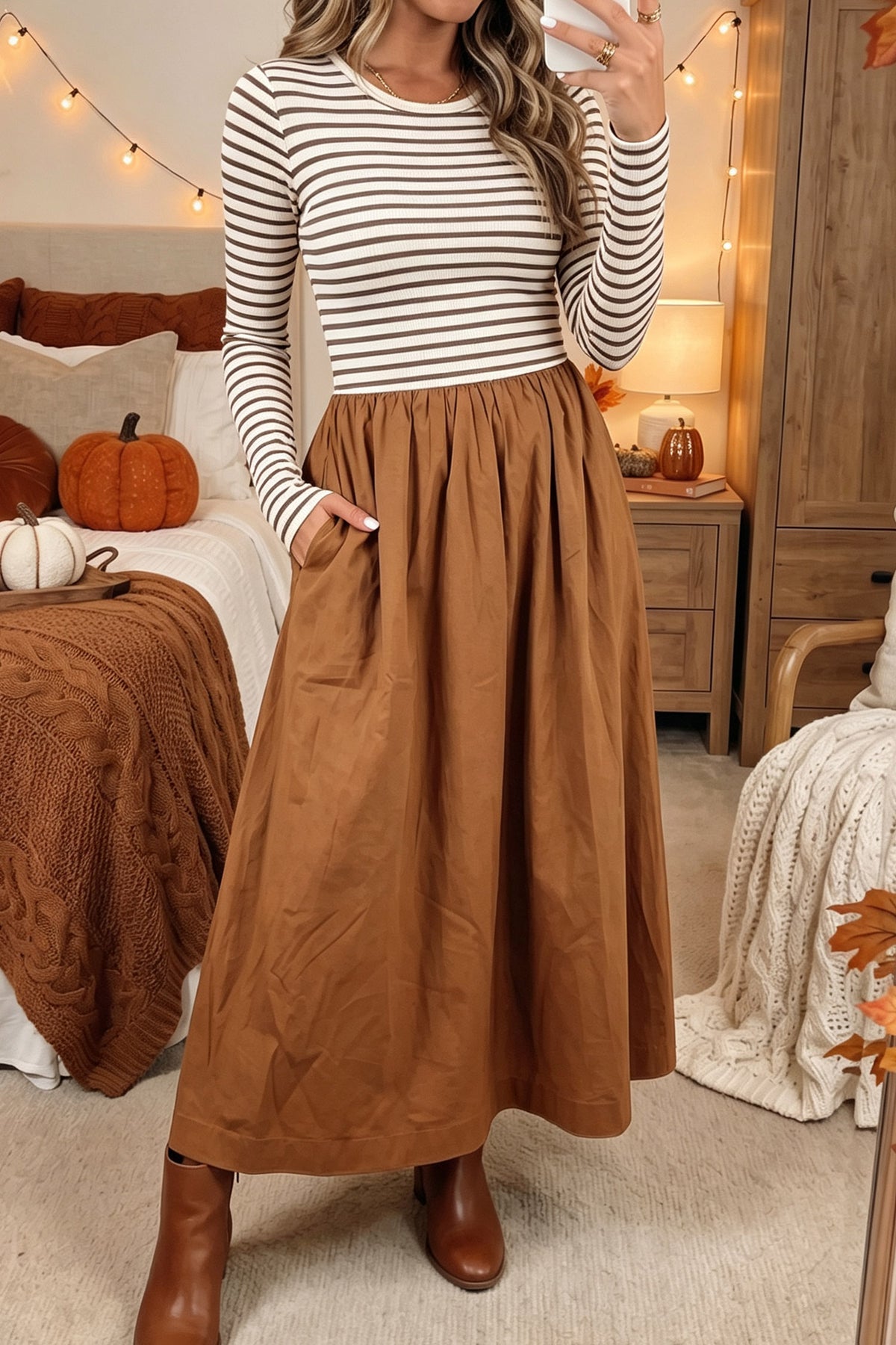 Brown Striped Ribbed-Knit Flared Maxi Dress from ARVELA