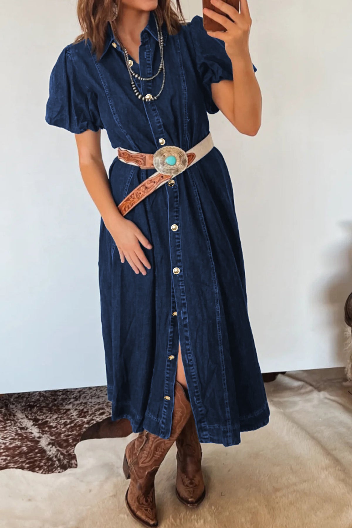 Blue Button-Front Puff-Sleeve Denim Midi Dress from ARVELA