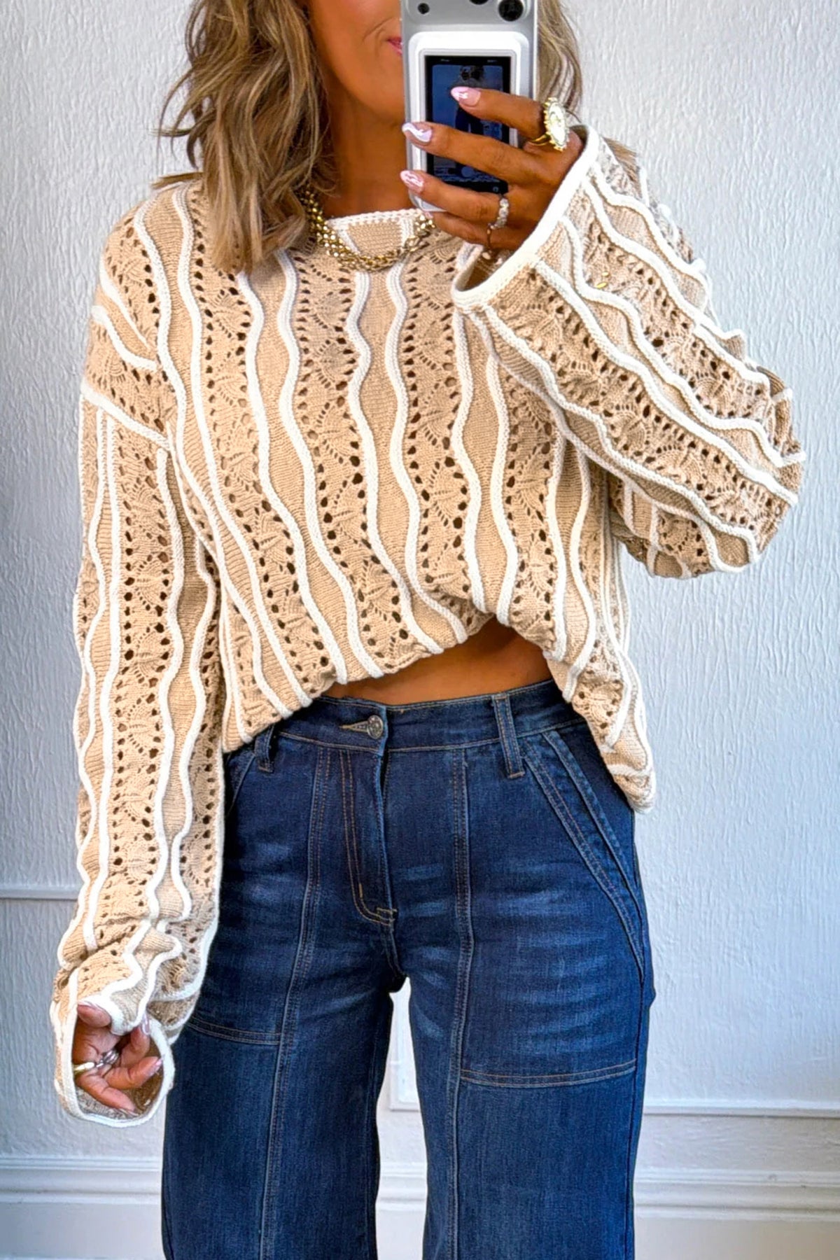Khaki Open-Knit Cotton Pullover Sweater