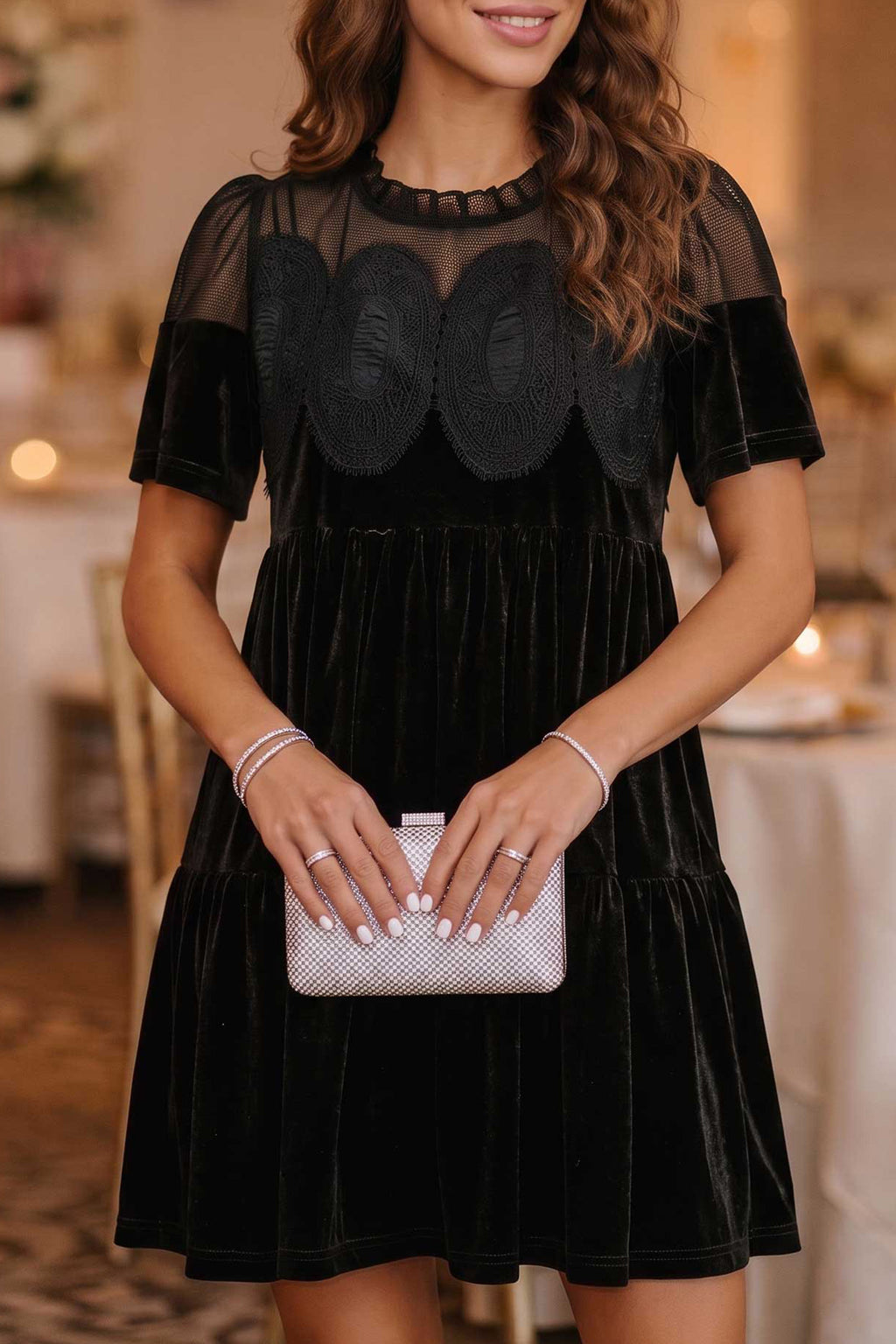 Black Embroidered Velvet Short-Sleeve Mini Dress