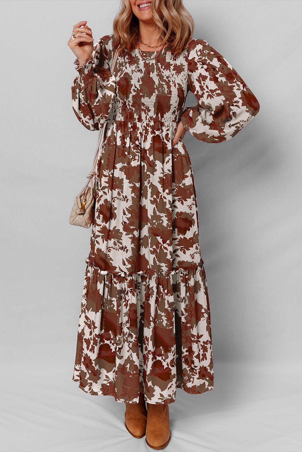 Orange Floral Smocked Puff-Sleeve Maxi Dress