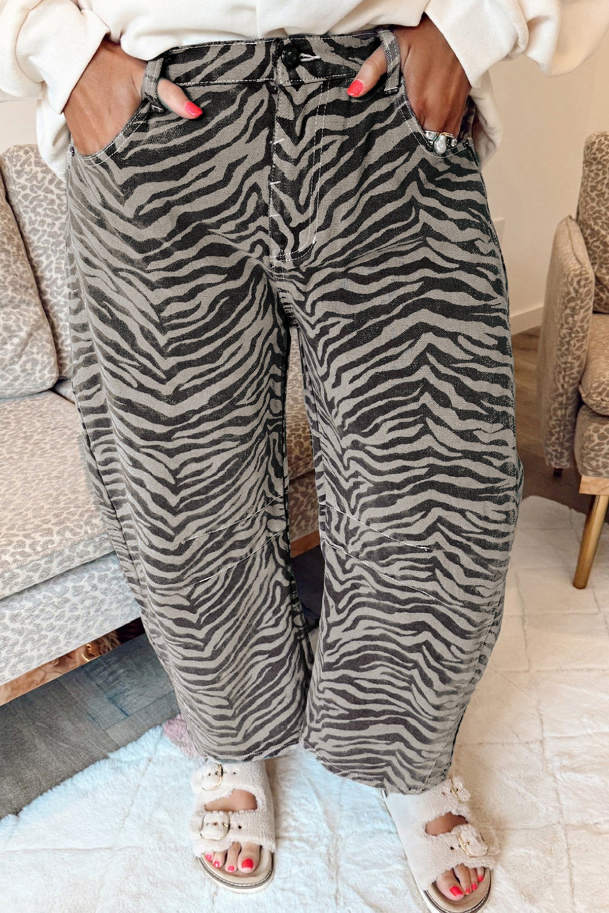 Gray Zebra-Print Barrel-Leg Jeans