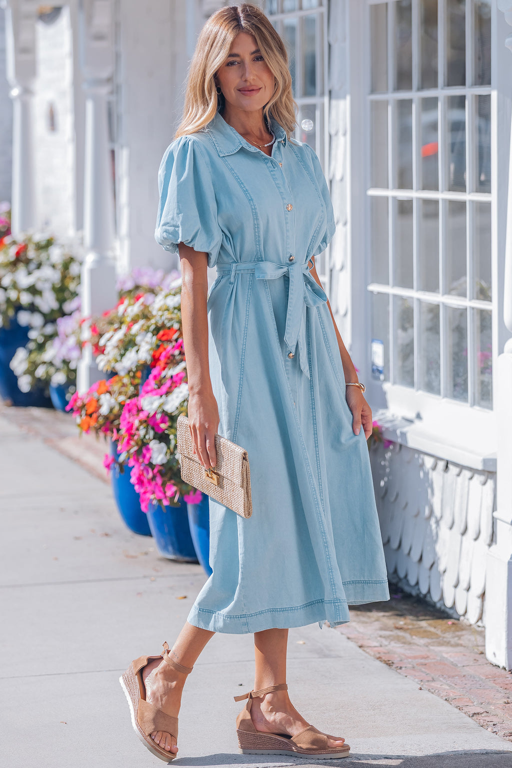 Blue Button-Front Puff-Sleeve Denim Midi Dress