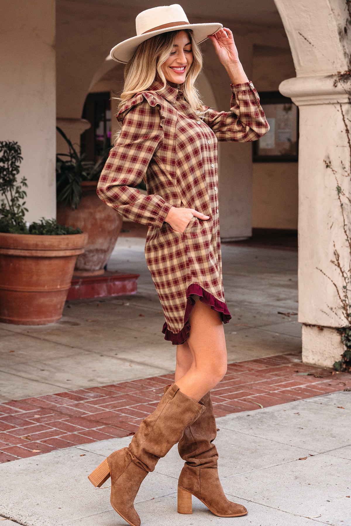 Red Plaid Ruffle Long-Sleeve Mini Shirt Dress
