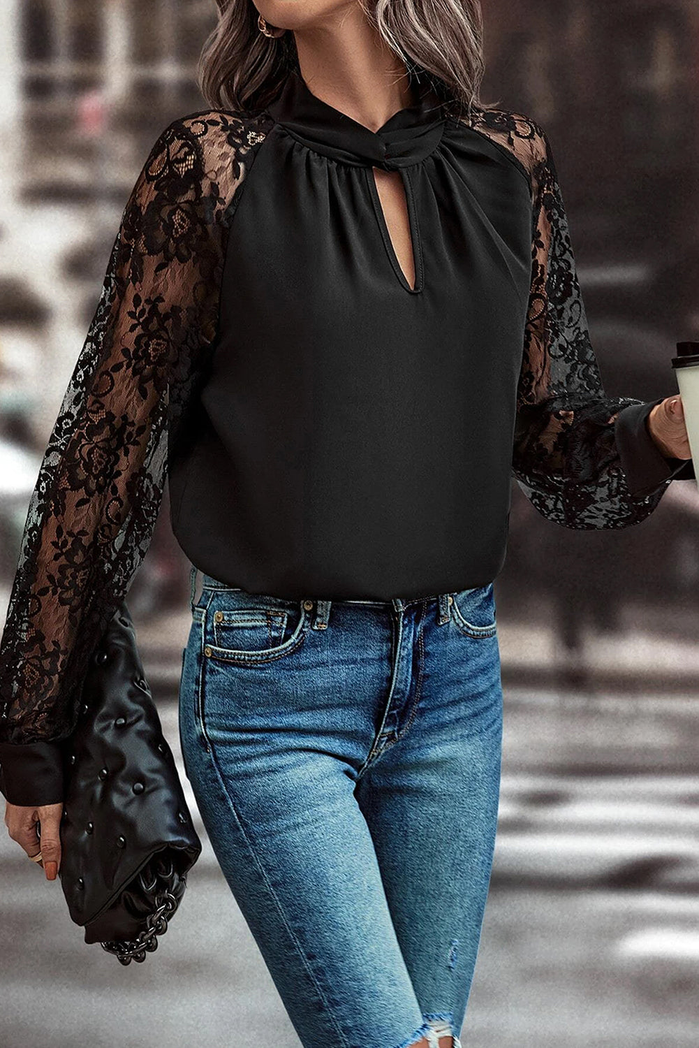 Black Floral-Lace Keyhole-Neck Blouse