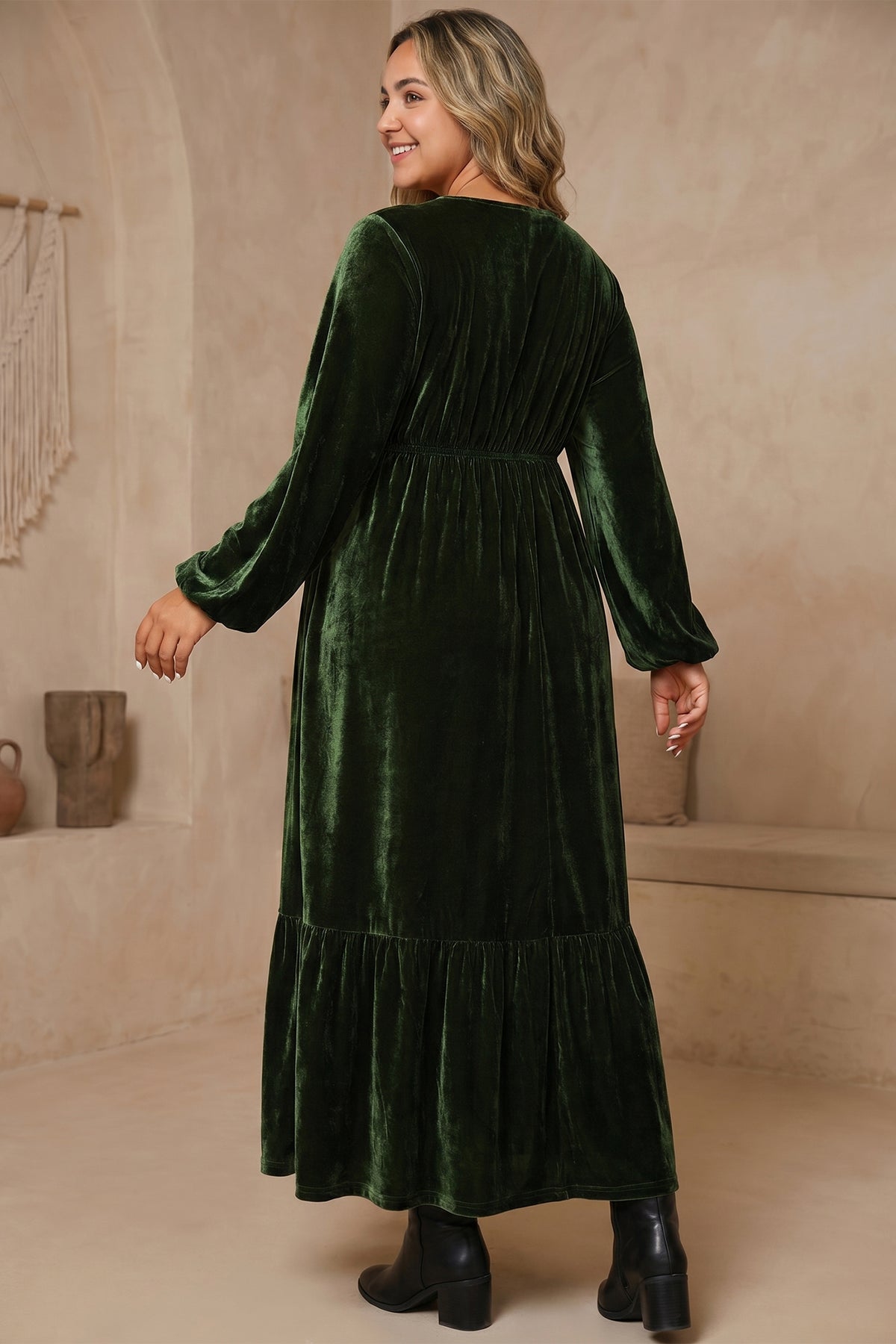 Dark Green Velvet V-Neck Plus-Size Maxi Dress