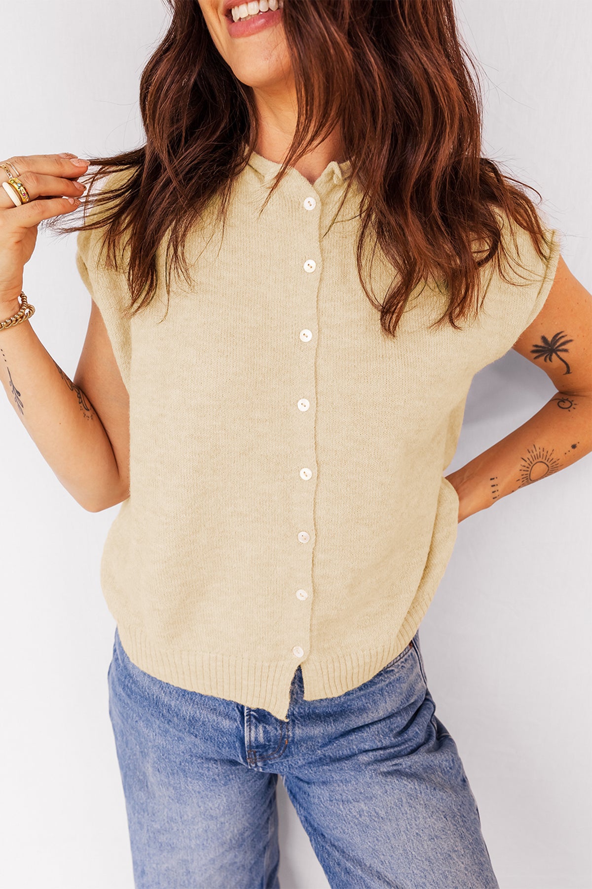 Apricot Button-Front Cap-Sleeve Knit Top