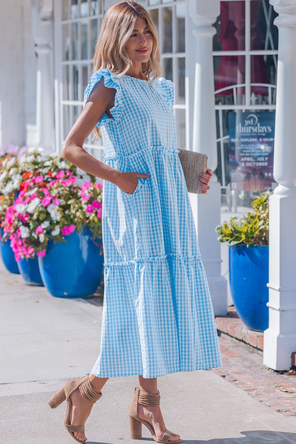 Sky Blue Gingham Ruffle-Sleeve Maxi Dress