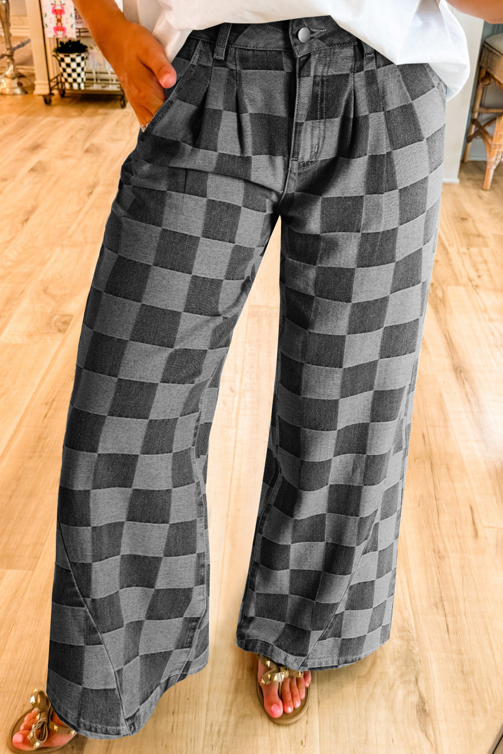 Dark Gray Checkered Wide-Leg Denim Jeans from ARVELA