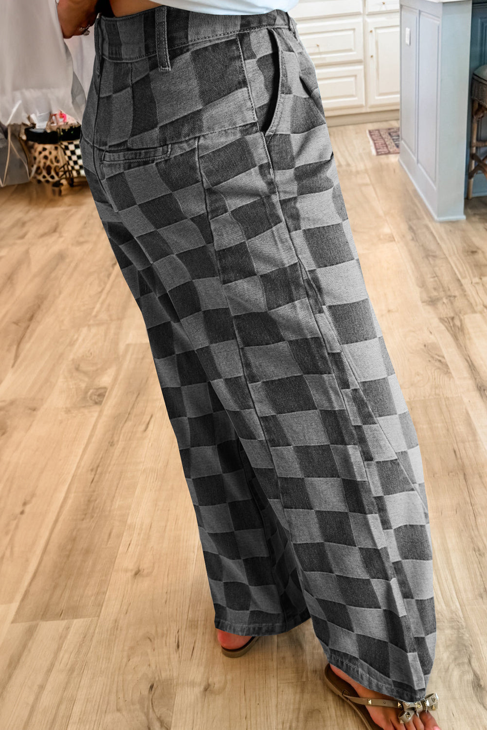 Dark Gray Checkered Wide-Leg Denim Jeans