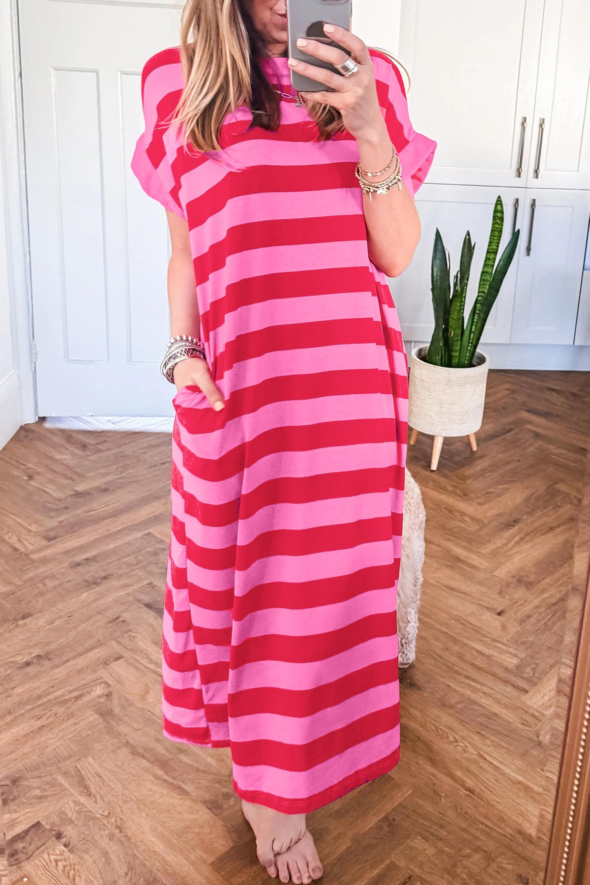 Rose Striped Pocket T-Shirt Maxi Dress from ARVELA