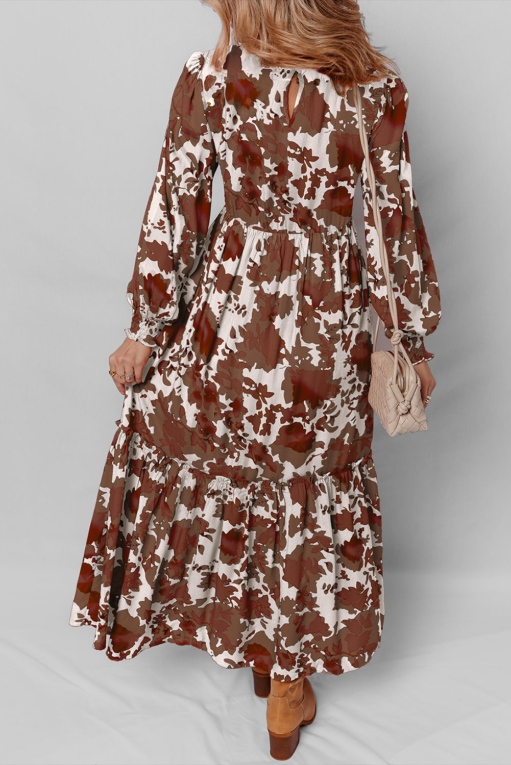 Orange Floral Smocked Puff-Sleeve Maxi Dress