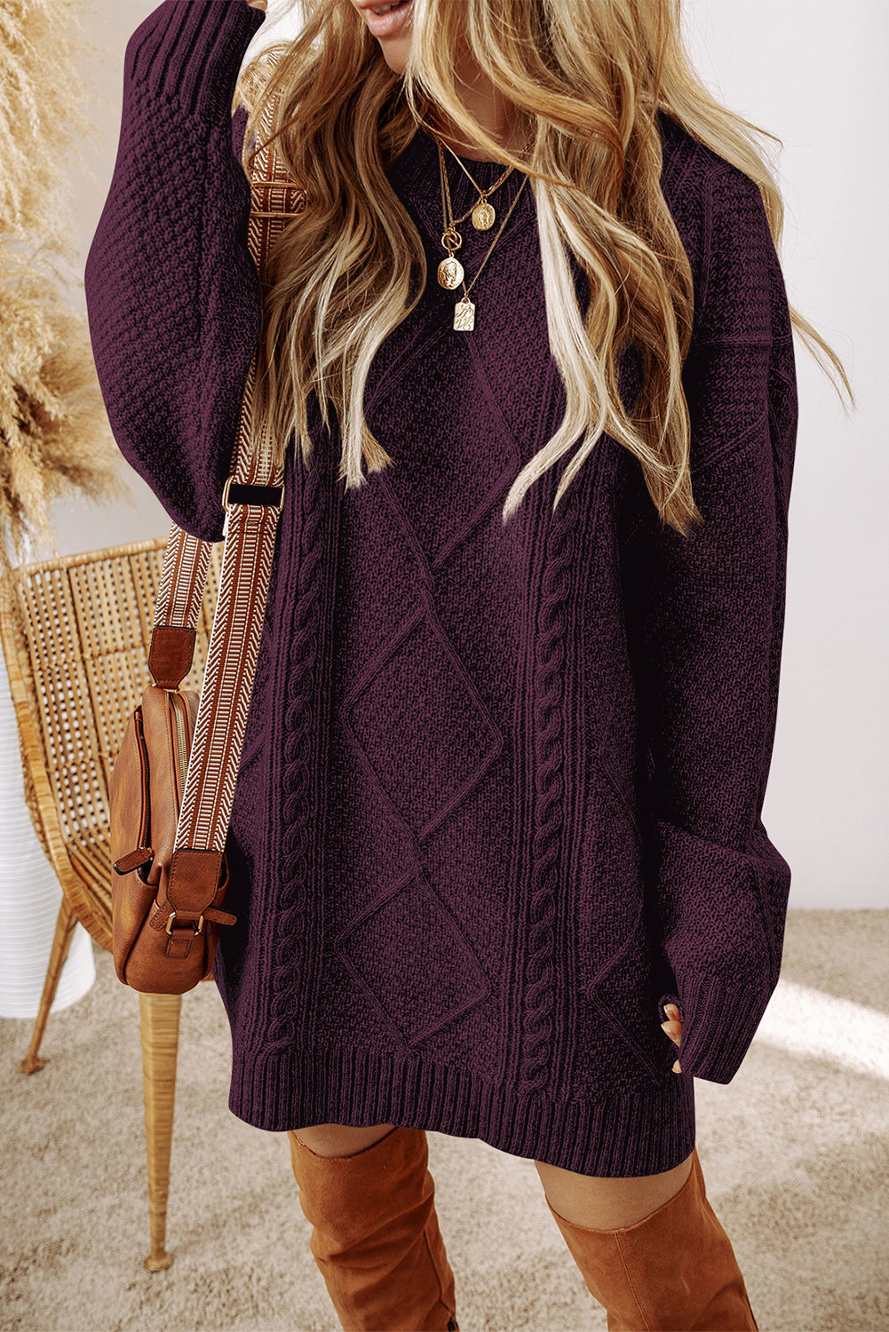 Black Cable-Knit Relaxed Sweater Dress