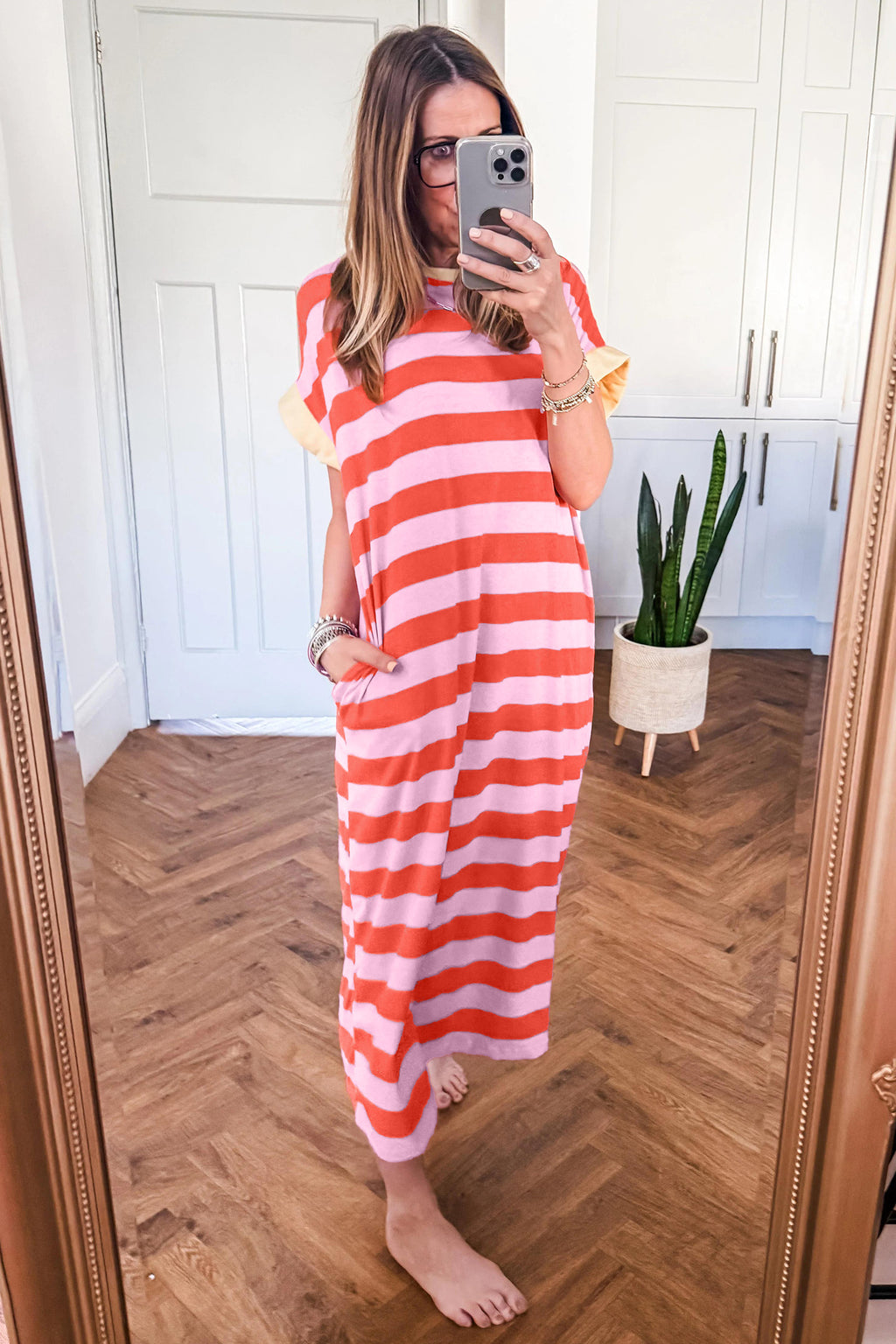 Rose Striped Pocket T-Shirt Maxi Dress