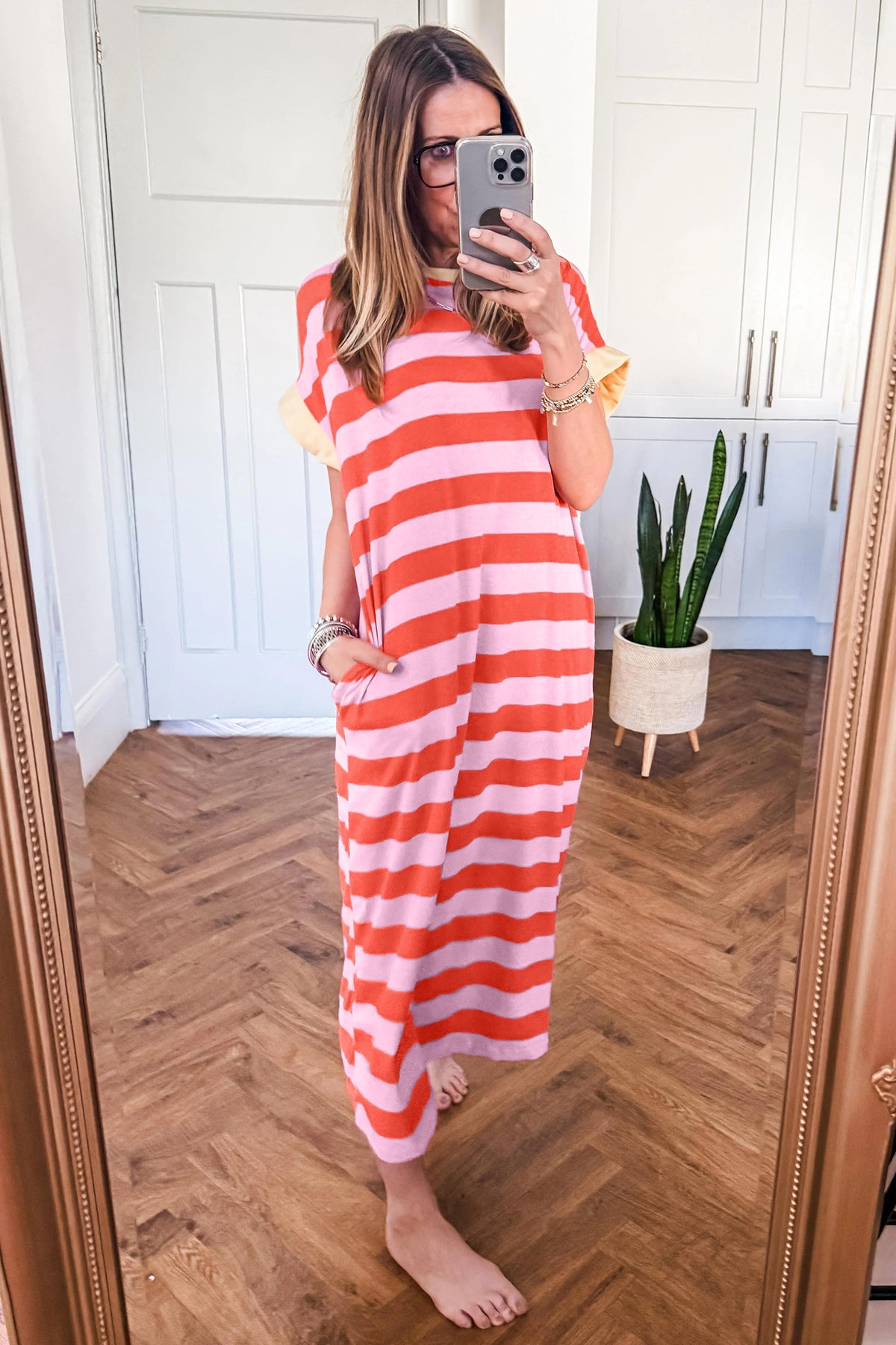 Rose Striped Pocket T-Shirt Maxi Dress