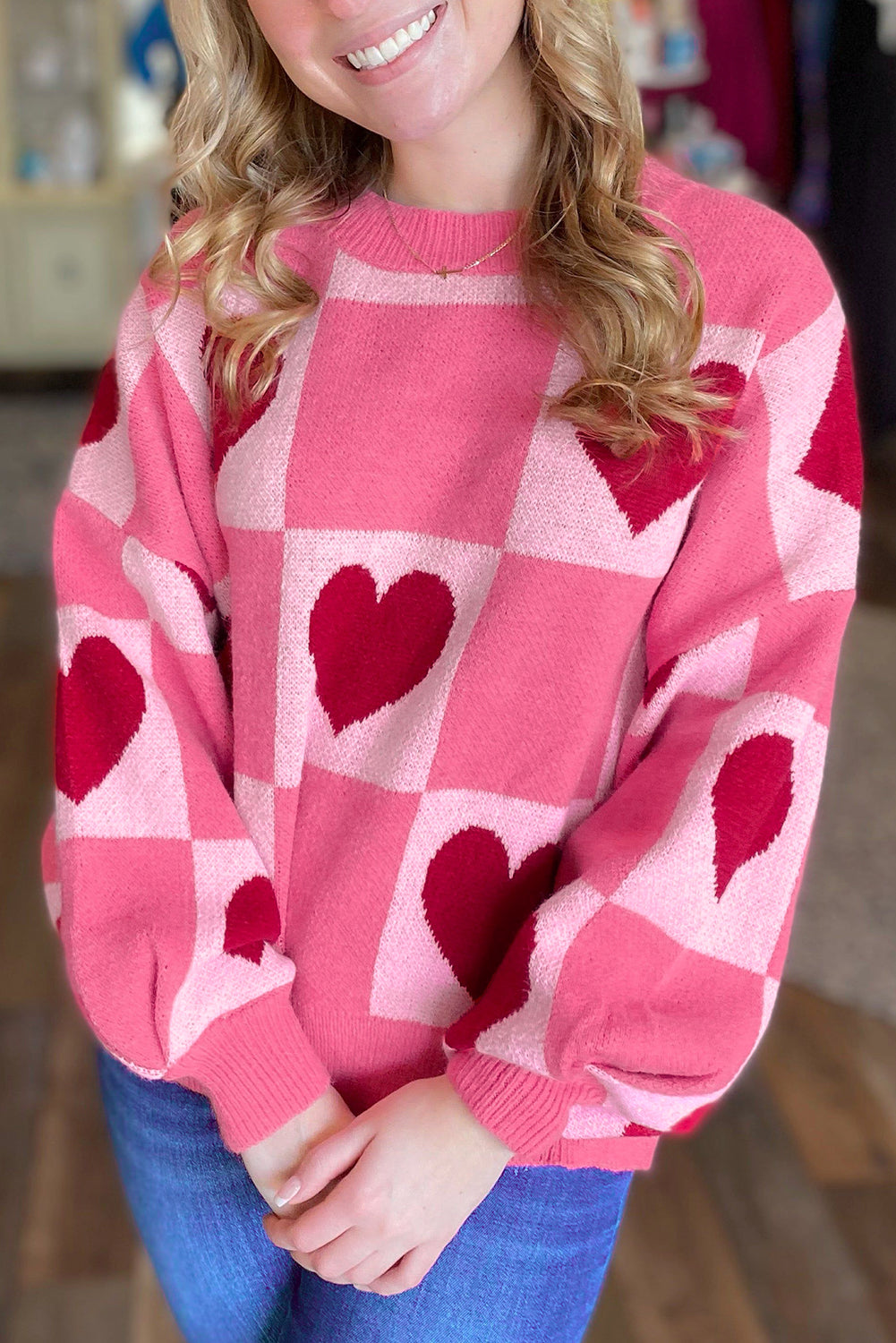 Pink Heart Checkered Crewneck Sweater from ARVELA