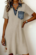 Beige Ribbed-Knit Denim-Panel Polo Dress from ARVELA