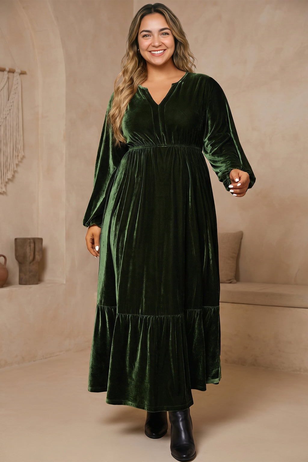 Dark Green Velvet V-Neck Plus-Size Maxi Dress