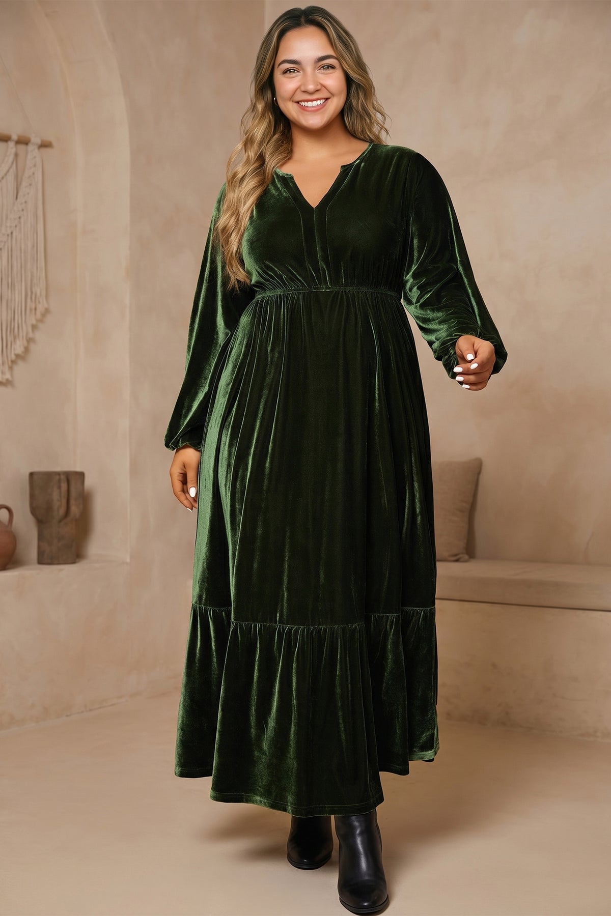 Dark Green Velvet V-Neck Plus-Size Maxi Dress