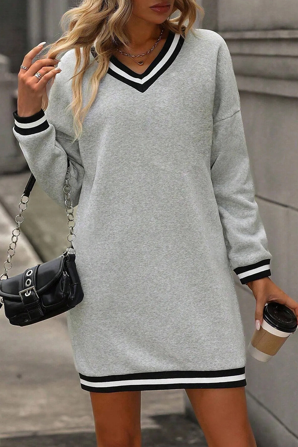Light Gray Striped V-Neck T-Shirt Mini Dress