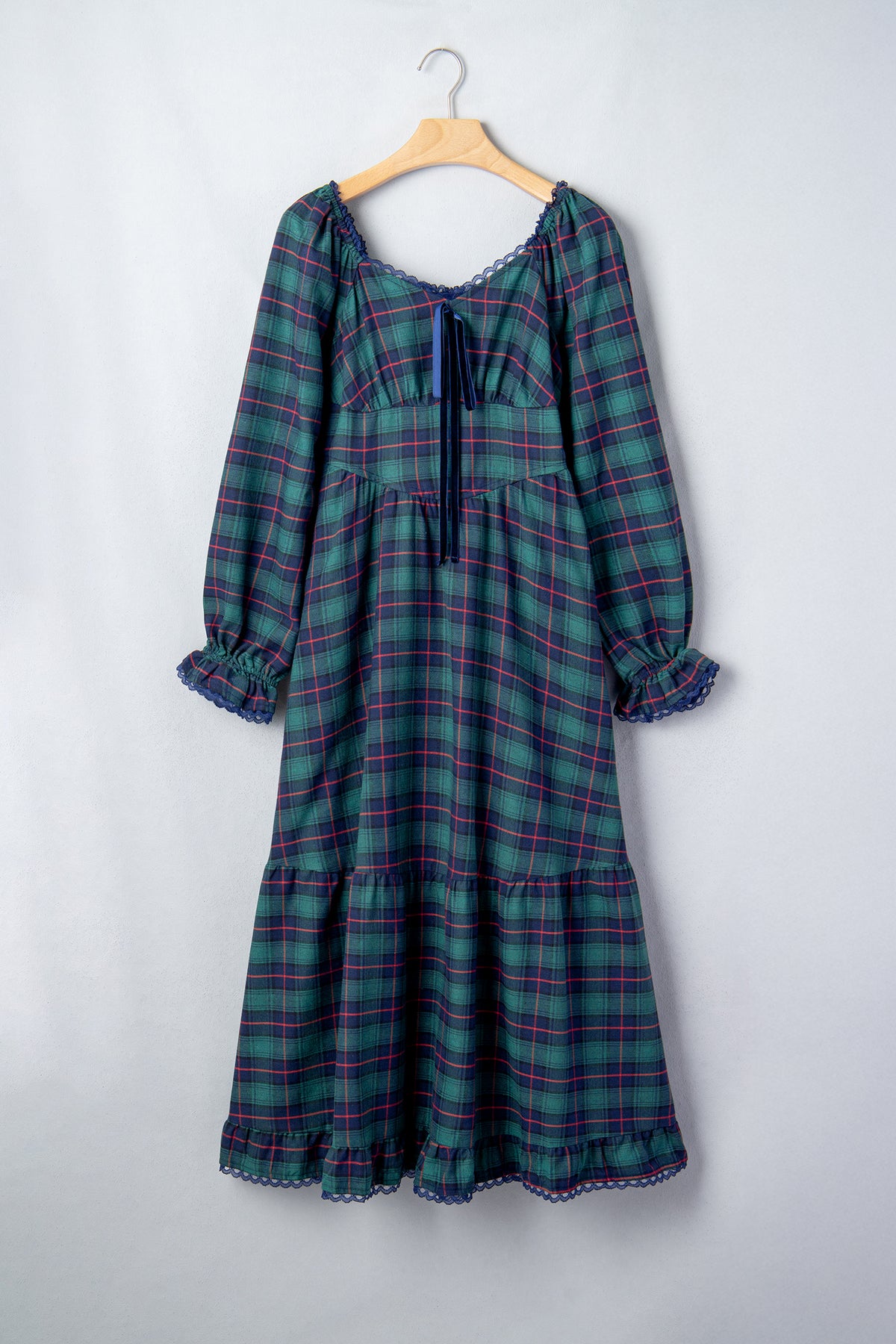 Green Plaid Lace-Trim Long-Sleeve Maxi Dress