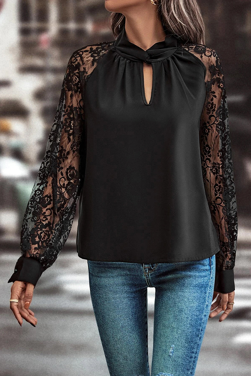 Black Floral-Lace Keyhole-Neck Blouse