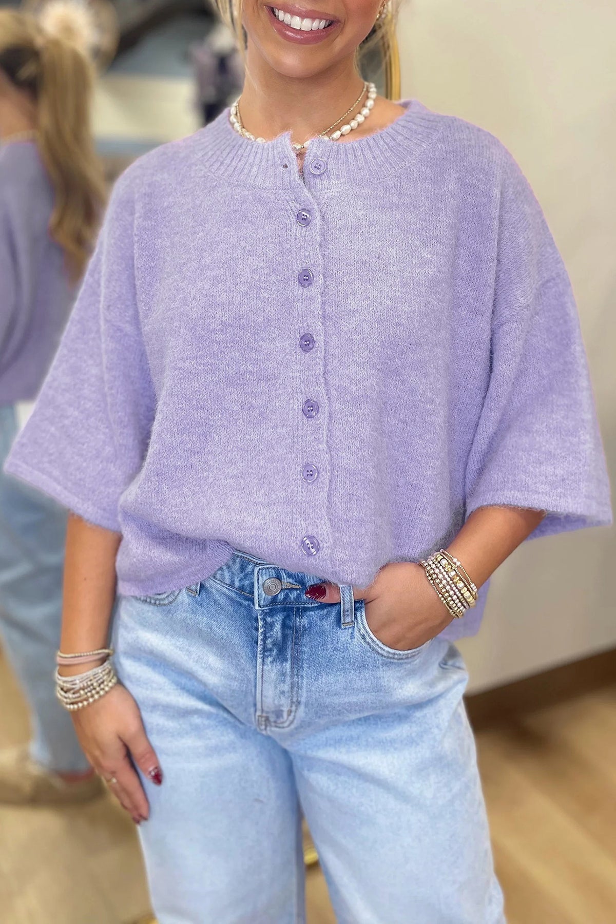 Lavender Boxy Three-Quarter Sleeve Cardigan