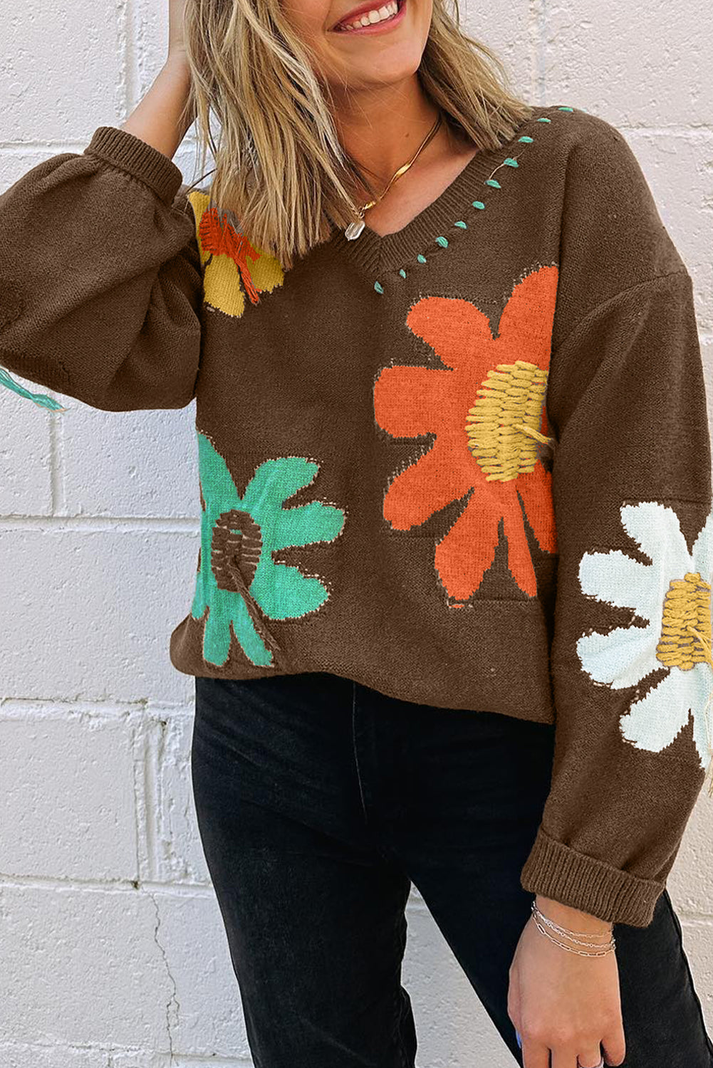 Coffee Brown Floral V-Neck Knit Sweater from ARVELA