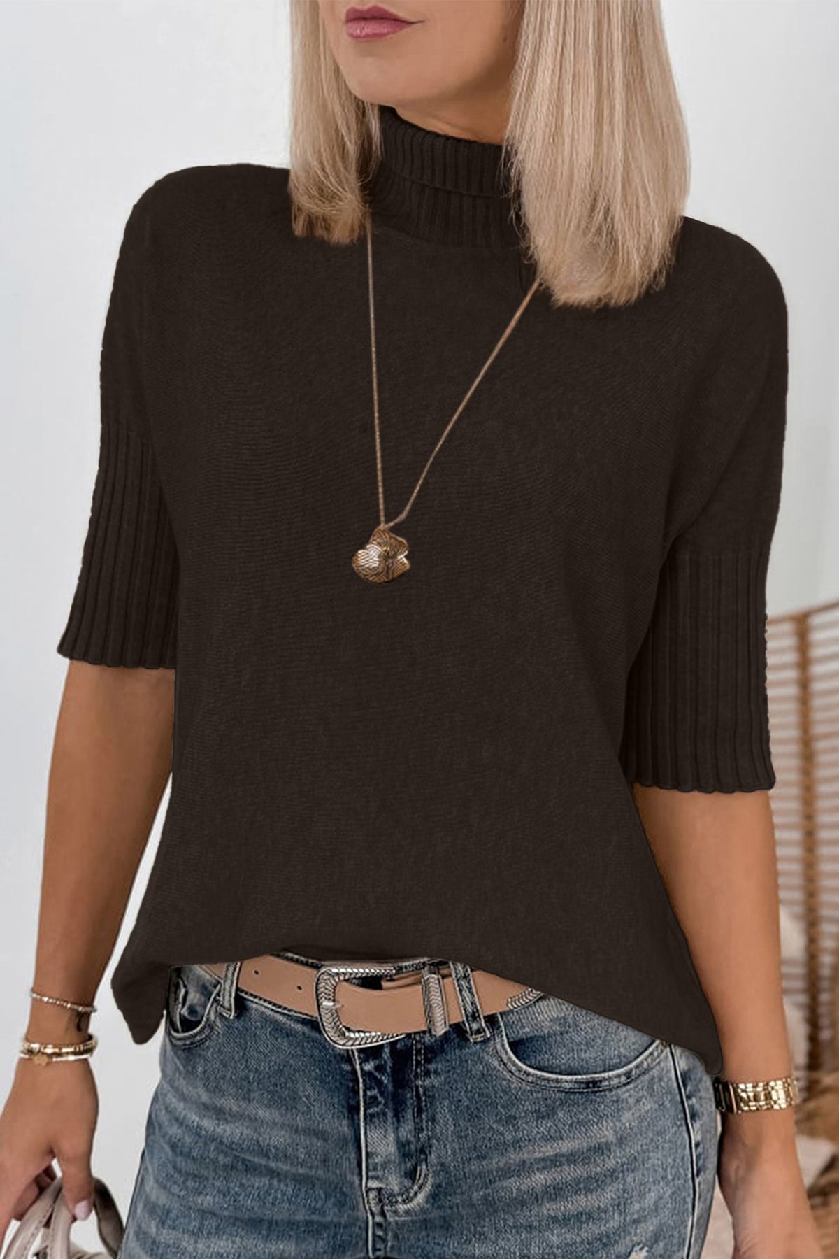 Beige Ribbed Mock-Neck Short-Sleeve Sweater