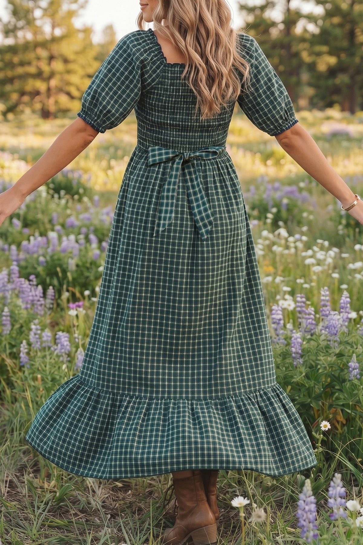 Green Plaid Square-Neck Ruffle Maxi Dress