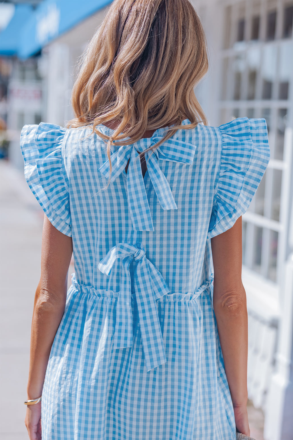 Sky Blue Gingham Ruffle-Sleeve Maxi Dress