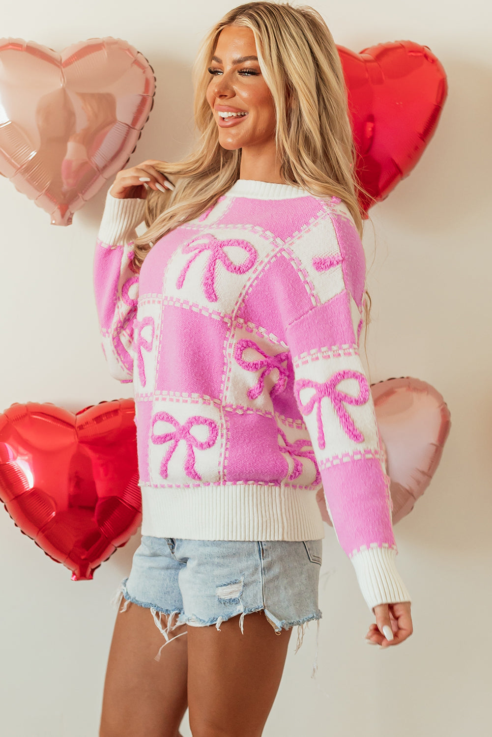 Pink Checkered Bow-Detail Crewneck Sweater