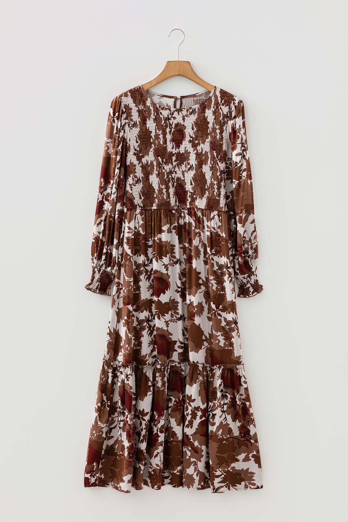 Orange Floral Smocked Puff-Sleeve Maxi Dress