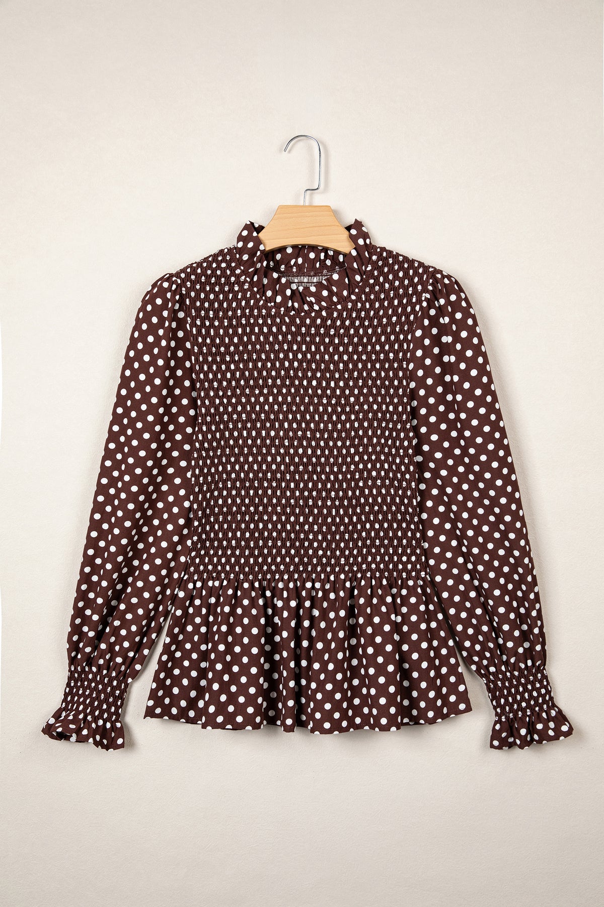 Brown Polka Dot High-Neck Ruffle Blouse