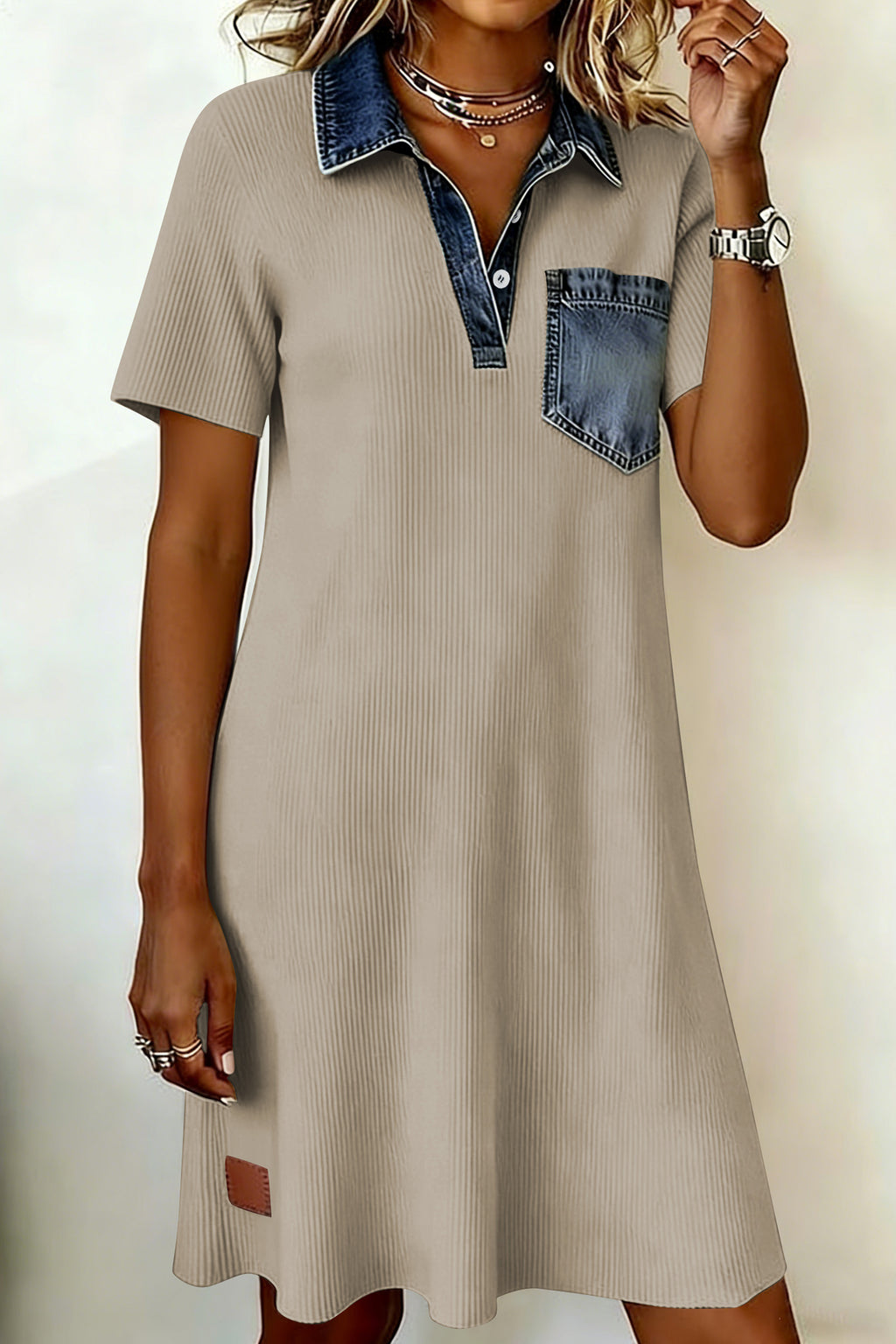 Beige Ribbed-Knit Denim-Panel Polo Dress