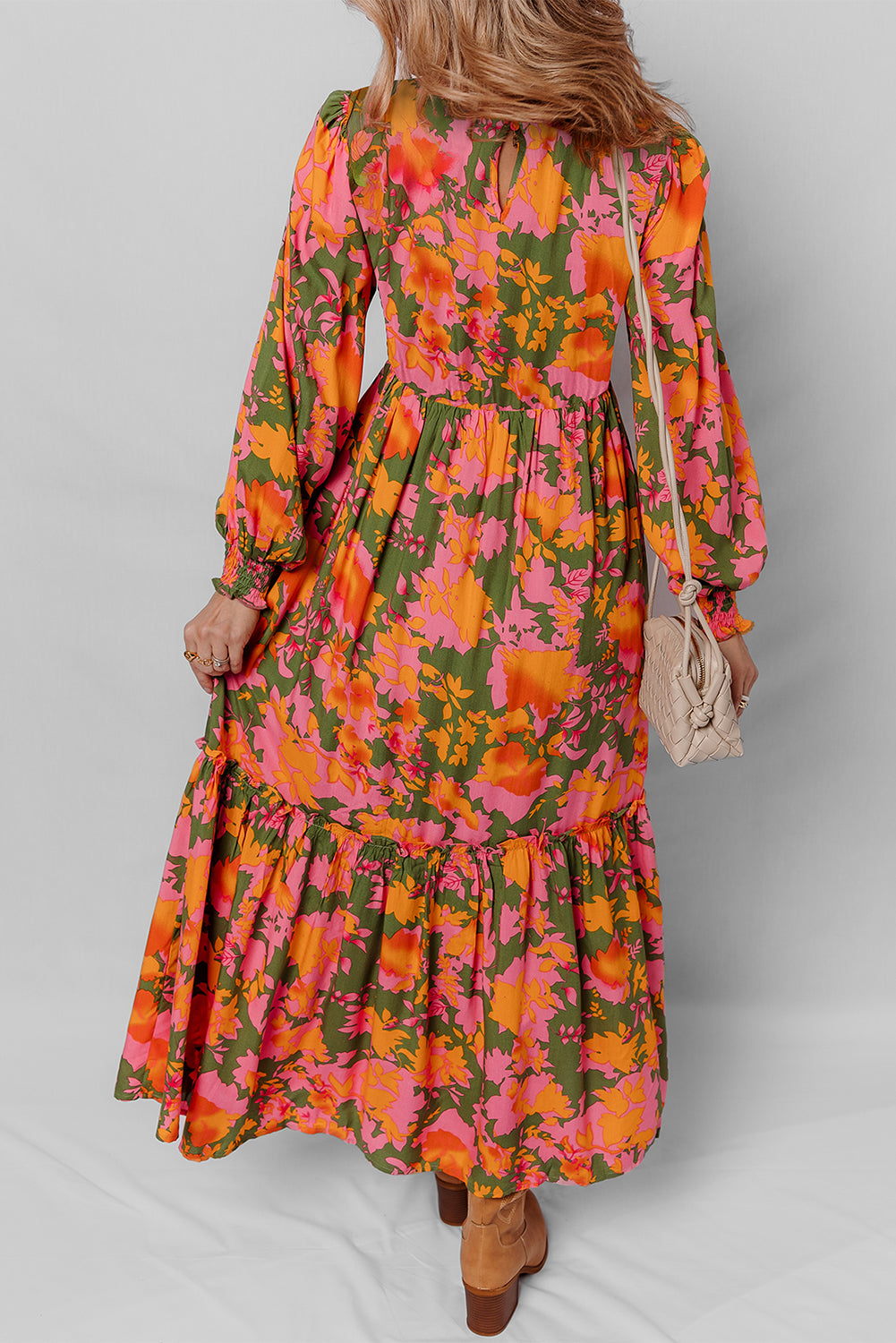 Orange Floral Smocked Puff-Sleeve Maxi Dress